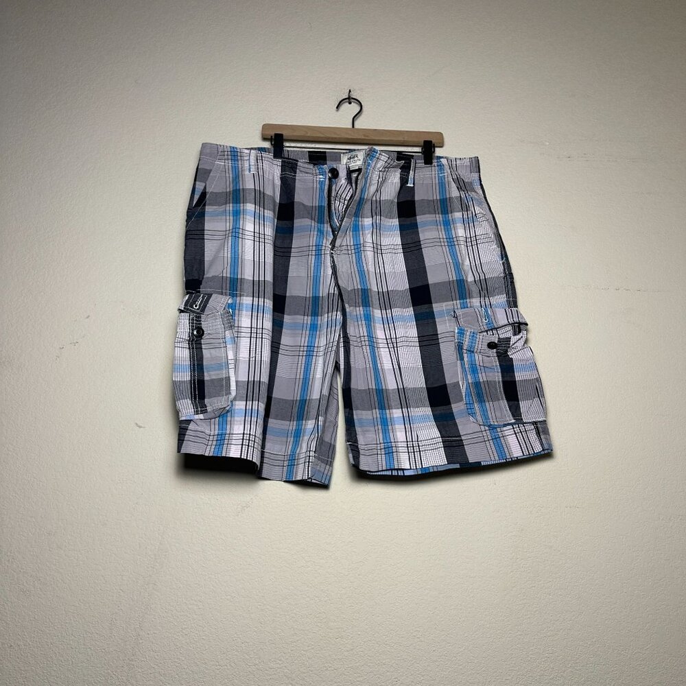 Y2K Ecko Unltd Short Men 40 Tall Baggy Fit  Skater Plaid Blue Grey Streetwear